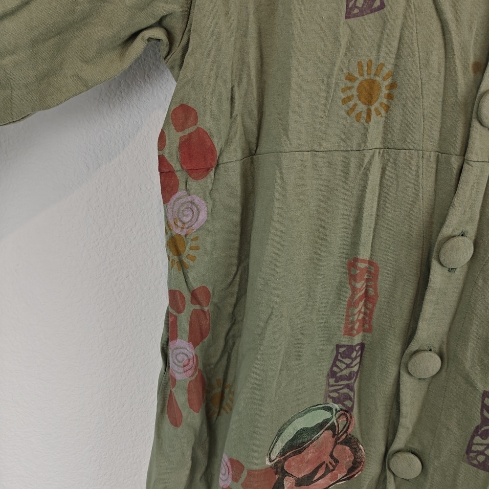 Blue Fish VTG Hand Painted Long Coat Dress Swing Duster Jacket Tea Coffee Cup 2 - Picture 10 of 16